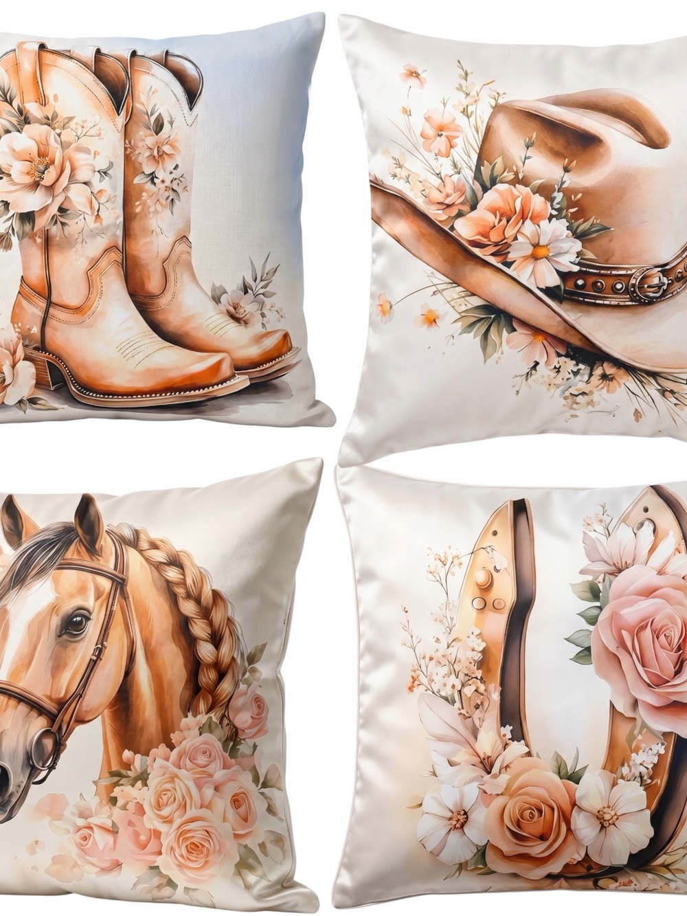Country Chic Floral Western Throw Pillow Covers - Cream & Peach Set